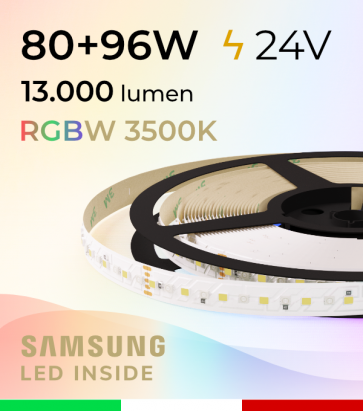 Striscia LED RGBW  “DYNAMIC RGBW” - 5 Metri - 176W - 140 LED/m - SMD3535 Broadcom e SMD2835 Samsung CRI90 - RGB + Bianco Caldo 3500K