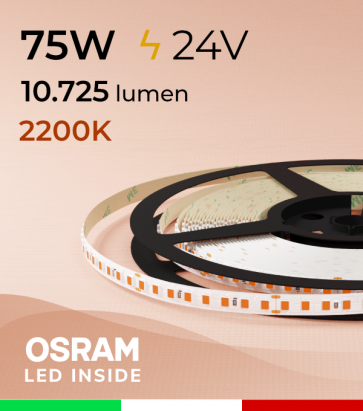 Striscia LED 2835 "PRO" - 24V - 5 Metri - 75W - SMD2835 Osram - 144 LED/m - Luce CALDA - 2200K 