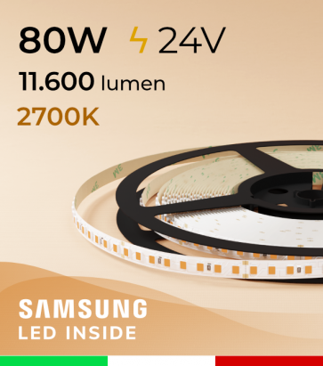 Striscia LED 2835  “LEVANTE" - 5 Metri - 80W -  144 LED/m SMD2835 Samsung - CRI90 - 2700K LUCE CALDA