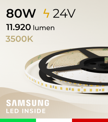 Striscia LED 2835  “LEVANTE" - 5 Metri - 80W -  144 LED/m SMD2835 Samsung - CRI90 - 3500K BIANCO CALDO