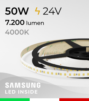 Striscia LED 2835 "PRO" - 24V - 5 Metri - 50W - SMD2835 Samsung - 160 LED/m - Bianco NATURALE - 4000K 