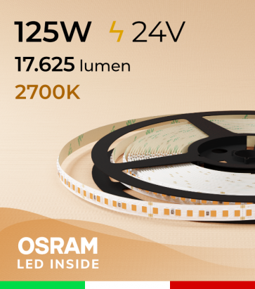 Striscia LED 2835 "PRO" - 24V - 5 Metri - 125W - SMD2835 Osram - 176 LED/m - Luce CALDA - 2700K 