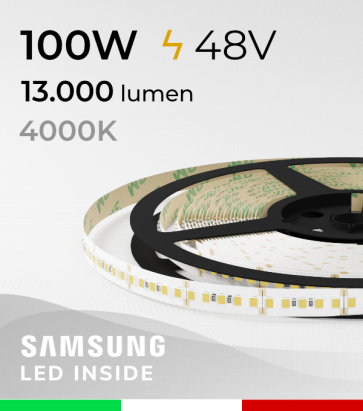 Striscia LED 48V - 5 Metri - 100W -  180 LED/m SMD2835 Samsung - CRI90 - Bianco NATURALE 4000K