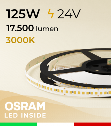 Striscia LED 2835 "PRO" - 24V - 5 Metri - 125W - SMD2835 Osram - 208 LED/m - Bianco CALDO - 3000K 