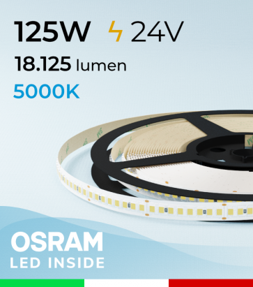 Striscia LED 2835 "PRO" - 24V - 5 Metri - 125W - SMD2835 Osram - 208 LED/m - Bianco FREDDO - 5000K 