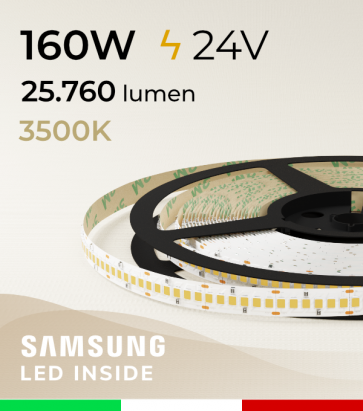 Striscia LED 2835 "HORIZON" - 5 Metri - 160W -  240 LED/m SMD2835 SAMSUNG - CRI90 - Bianco CALDO 3500K