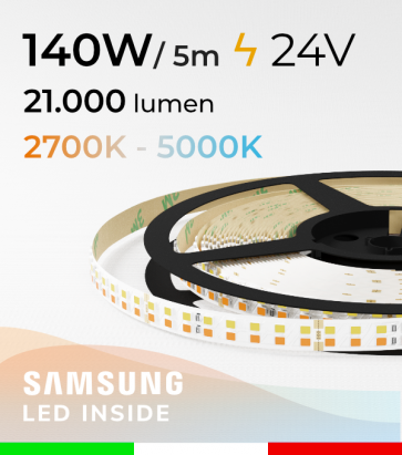 Striscia LED Elite Bianco Dinamico - 28W/m+28Wm - 256LED/m SMD2835 Samsung - da 2700K a 5000K