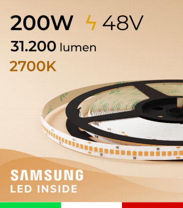 Striscia LED 48V - 5 Metri - 200W -  256 LED/m SMD2835 Samsung - CRI90 - Luce CALDA 2700K