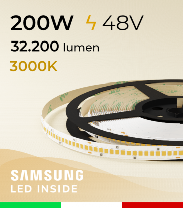 Striscia LED 48V - 5 Metri - 200W -  256 LED/m SMD2835 Samsung - CRI90 - Bianco CALDO 3000K