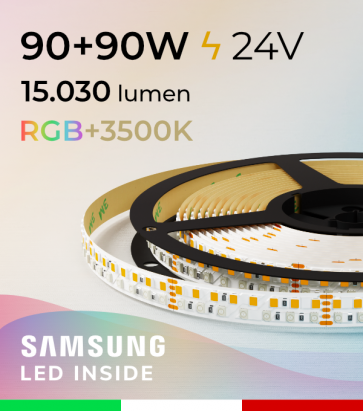 Striscia LED RGBW "Elegance” - 5 Metri - 90W + 90W - 270 LED/m - SMD2835 e SMD2835 Samsung CRI90 - RGB + Bianco Caldo 3500K