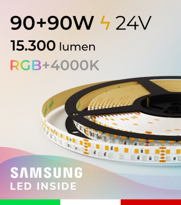 Striscia LED RGBW "Elegance” - 5 Metri - 90W + 90W - 270 LED/m - SMD2835 e SMD2835 Samsung CRI90 - RGB + Bianco Naturale 4000K