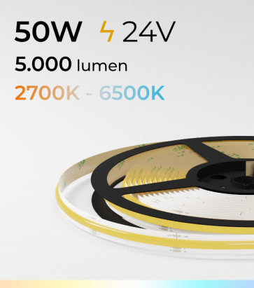 Striscia LED COB - 24V - 5 Metri - 50W - 640 LED/m - Bianco Dinamico - 2700K-6500K - IP20