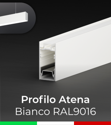 SUPER OFFERTA: Profilo in Alluminio da Sospensione "Atena" per Strisce LED - Verniciato Bianco RAL9016 - 1 metro - Copertura Opale