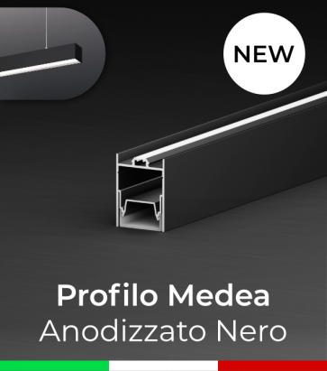 Profilo in Alluminio da Sospensione "Medea" per Strisce LED - Anodizzato Nero