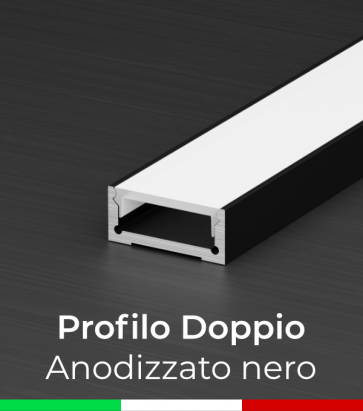 Profilo in Alluminio Piatto Doppio per Strisce LED - Copertura PIATTA - Anodizzato NERO