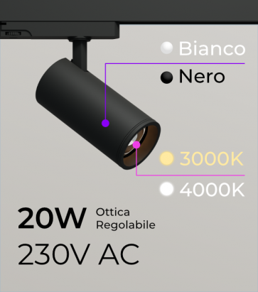 Proiettore Orientabile da Binario Trifase 230V - 20W - CRI>90 - Lente Regolabile 