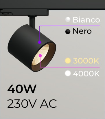 Proiettore Orientabile da Binario Trifase 230V - 40W - CRI>90