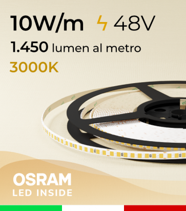 Striscia LED 48V Sottile 5mm - 10W/m -  208 LED/m SMD2835 Osram - CRI90 - Bianco CALDO 3000K - IP20