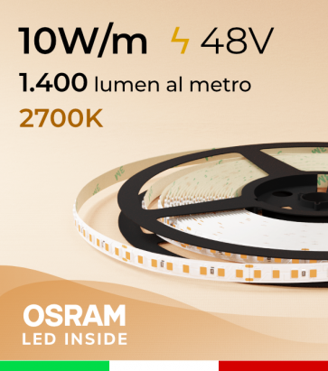 Striscia LED 48V - 10W/m -  144 LED/m SMD2835 Osram - CRI90 - Luce Calda 2700K - IP20