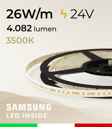 Striscia LED EASY - 26W/m - SMD2835 Samsung - 176 LED/m - Bianco Caldo - 3500K - CRI90 - IP20