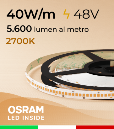 Striscia LED 48V - 40W/m -  256 LED/m SMD2835 Osram - CRI90 - Luce CALDA 2700K - IP20