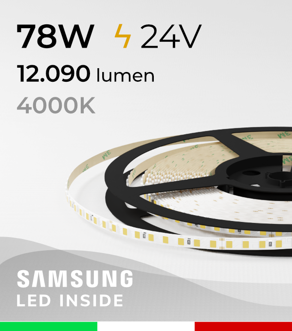 Striscia LED 2835 THIN - 5mm x 5 Metri - 78W - 144 LED/m SMD2835 Samsung  - CRI90 - BIANCO Naturale 4000K
