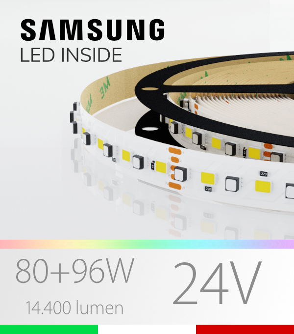 Striscia LED RGBW “ELITE” - 5 Metri - 176W - 140 LED/m - SMD3535 Epistar e  SMD2835 Samsung CRI90 - RGB + Bianco - per Cornici Eleni