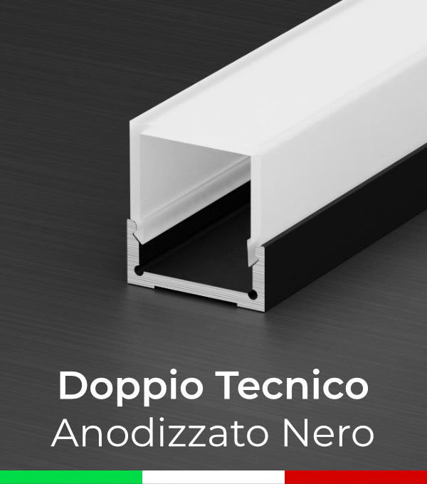 Profilo in Alluminio Piatto Doppio Strisce LED - Copertura TECNICA -  Anodizzato NERO