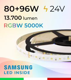 Striscia LED RGBW  “DYNAMIC RGBW” - 5 Metri - 176W - 140 LED/m - SMD2835 e SMD2835 Samsung CRI90 - RGB + Bianco Freddo 5000K