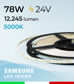 Striscia LED 2835 "THIN" - 5mm x 5 Metri - 78W - 144 LED/m SMD2835 Samsung - CRI90 - BIANCO Freddo 5000K