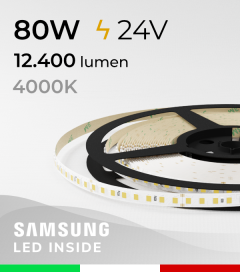 Striscia LED 2835  “LEVANTE" - 5 Metri - 80W -  144 LED/m SMD2835 Samsung - CRI90 - 4000K BIANCO NATURALE