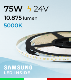 Striscia LED 2835 "PRO" - 24V - 5 Metri - 75W - SMD2835 Samsung - 144 LED/m - Bianco FREDDO - 5000K 
