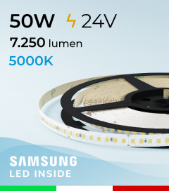 Striscia LED 2835 "PRO" - 24V - 5 Metri - 50W - SMD2835 Samsung - 160 LED/m - Bianco FREDDO - 5000K 