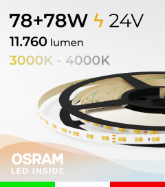 Striscia LED PRO Bianco Dinamico - 15,6W/m+15,6Wm - 160LED/m SMD2835 Osram - da 3000K a 4000K