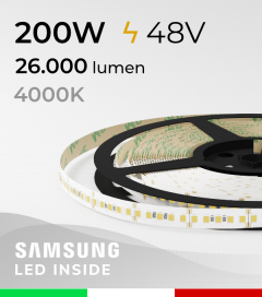 Striscia LED 48V - 5 Metri - 200W -  180 LED/m SMD2835 Samsung - CRI90 - Bianco NATURALE 4000K