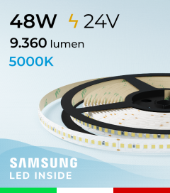 Striscia LED 2835 "ECO New Super Efficienti" - 24V - 5 Metri - 48W - SMD2835 180 LED/m - Luce Fredda - 5000K 