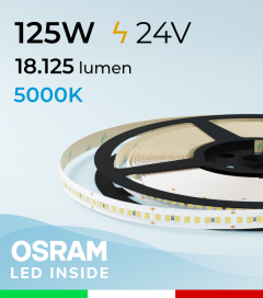 Striscia LED 2835 "PRO" - 24V - 5 Metri - 125W - SMD2835 Osram - 208 LED/m - Bianco FREDDO - 5000K 
