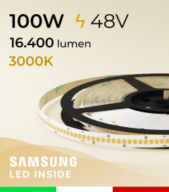 Striscia LED 48V - 5 Metri - 20W/m -  256 LED/m SMD2835 Samsung - CRI90 - Bianco CALDO 3000K