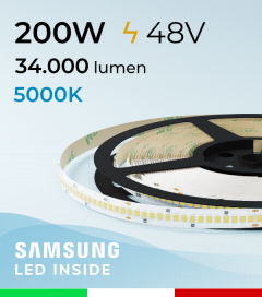 Striscia LED 48V - 5 Metri - 200W -  256 LED/m SMD2835 Samsung - CRI90 - Bianco FREDDO 5000K