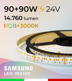 Striscia LED RGBW "Elegance” - 5 Metri - 90W + 90W - 270 LED/m - SMD2835 e SMD2835 Samsung CRI90 - RGB + Bianco Caldo 3000K