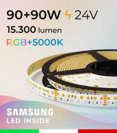 Striscia LED RGBW "Elegance” - 5 Metri - 90W + 90W - 270 LED/m - SMD2835 e SMD2835 Samsung CRI90 - RGB + Bianco FREDDO 5000K