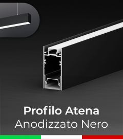 SUPER OFFERTA: Profilo in Alluminio da Sospensione "Atena" per Strisce LED - Anodizzato Nero - 1 metro - Copertura Opale