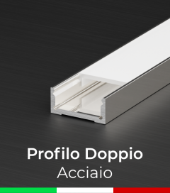 Profilo in Alluminio Piatto Doppio per Strisce LED - Copertura PIATTA - ACCIAIO Lucido