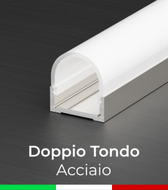 Profilo in Alluminio Piatto Doppio Strisce LED - Copertura TONDA - ACCIAIO Lucido 
