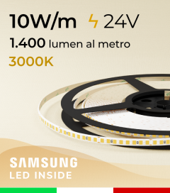 Striscia LED 24V "Sottile" - 5mm - 10W/m -  208 LED/m SMD2835 Samsung - CRI90 - Bianco CALDO 3000K - IP20