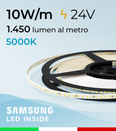 Striscia LED 24V "Sottile" - 5mm - 10W/m -  208 LED/m SMD2835 Samsung - CRI90 - Bianco FREDDO 5000K - IP20