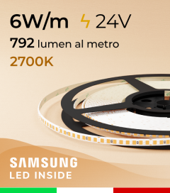 Striscia LED 24V "Sottile" - 5mm - 6W/m -  208 LED/m SMD2835 Samsung - CRI90 - Luce CALDA 2700K - IP20