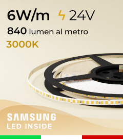 Striscia LED 24V "Sottile" - 5mm - 6W/m -  208 LED/m SMD2835 Samsung - CRI90 - Bianco CALDO 3000K - IP20