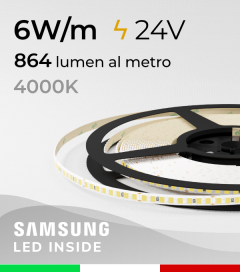 Striscia LED 24V "Sottile" - 5mm - 6W/m -  208 LED/m SMD2835 Samsung - CRI90 - Bianco NATURALE 4000K - IP20