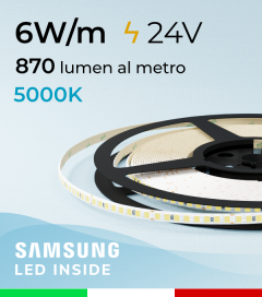 Striscia LED 24V "Sottile" - 5mm - 6W/m -  208 LED/m SMD2835 Samsung - CRI90 - Bianco FREDDO 5000K - IP20
